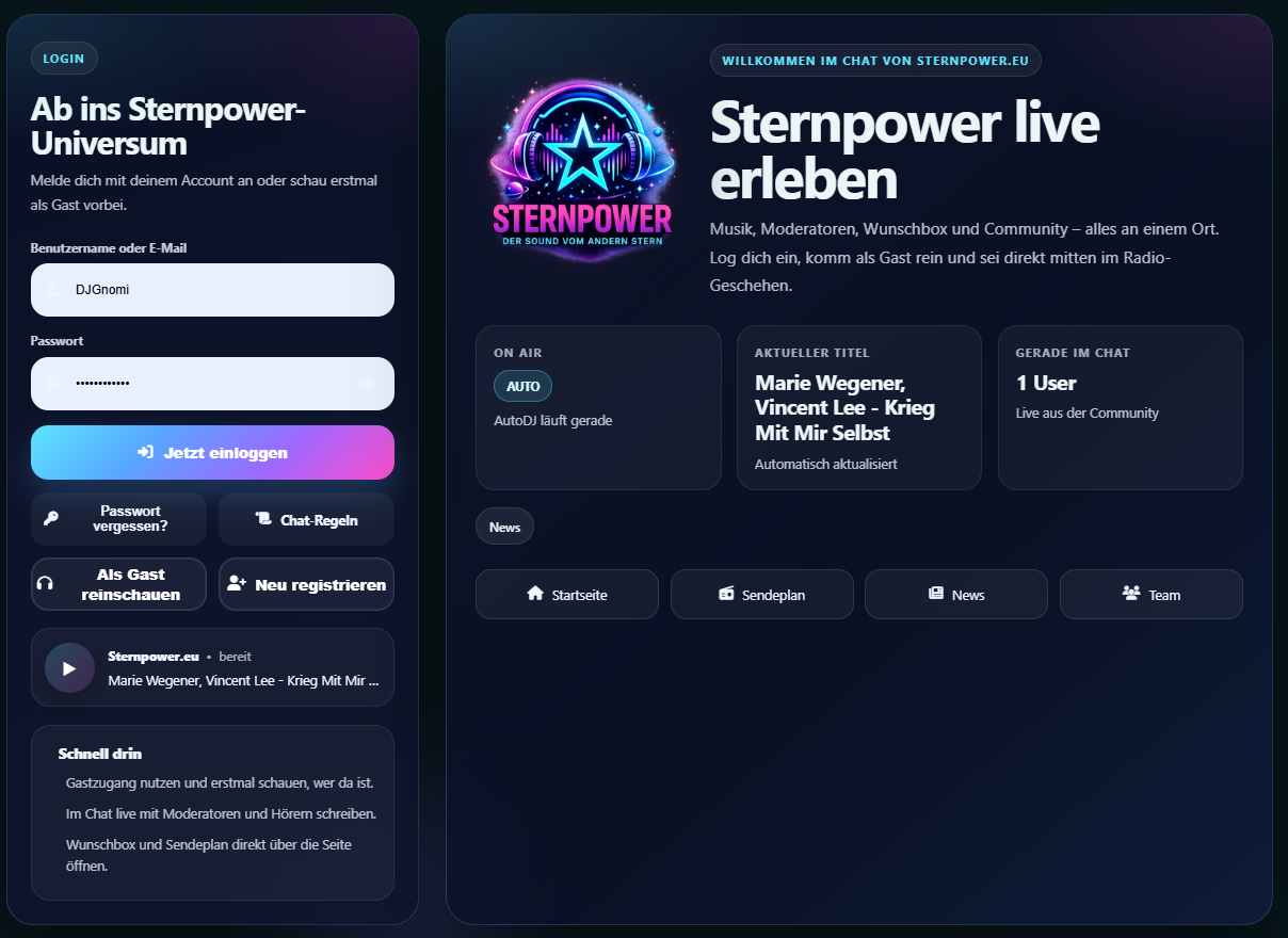 Sternpower Chat – neue Login-Seite